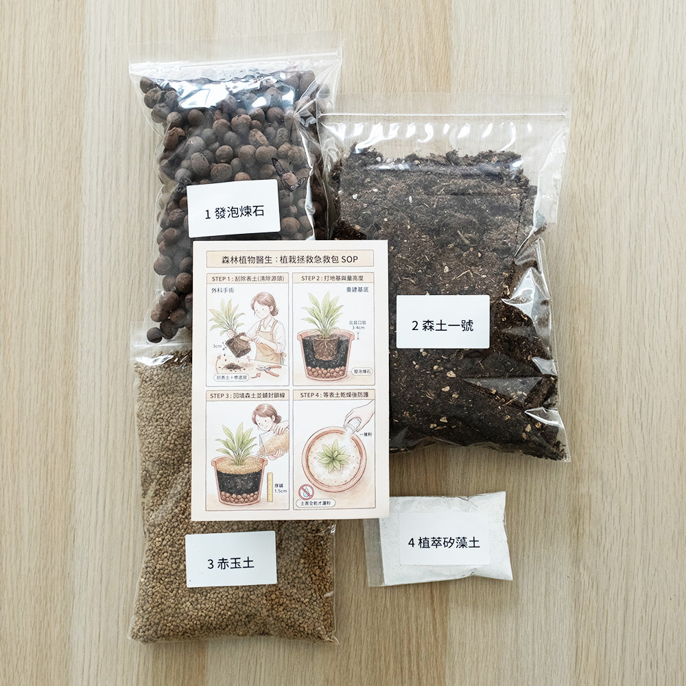 換盆SOP材料包平鋪照，含發泡煉石、森土、赤玉土、植萃矽藻土